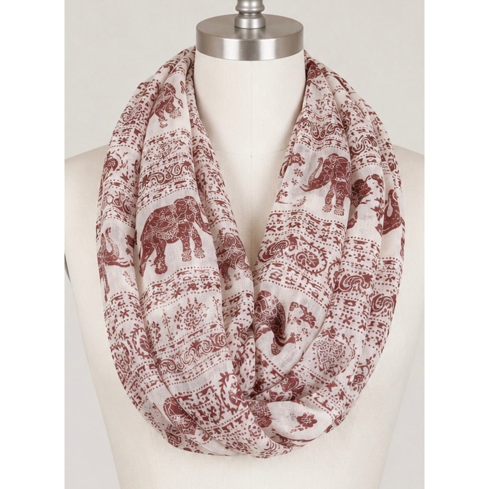Boho Elephant Infinity Scarf Burgundy Ivory Lightweight Gauze Loop Scarf - Picture 3 of 9